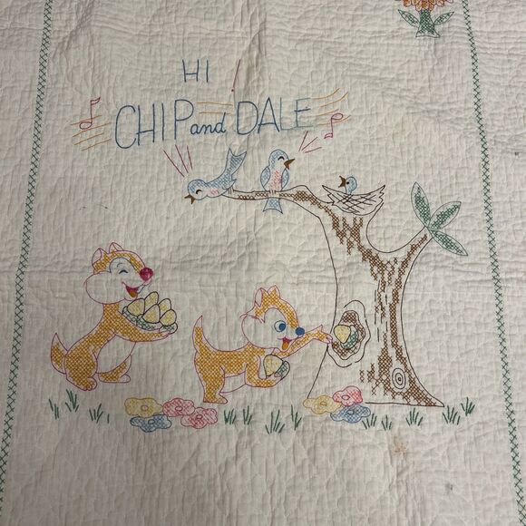 Vintage Baby Quilt Blanket Handmade Embroidered Chip & Dale Store Nuts Mushrooms - Picture 2 of 12